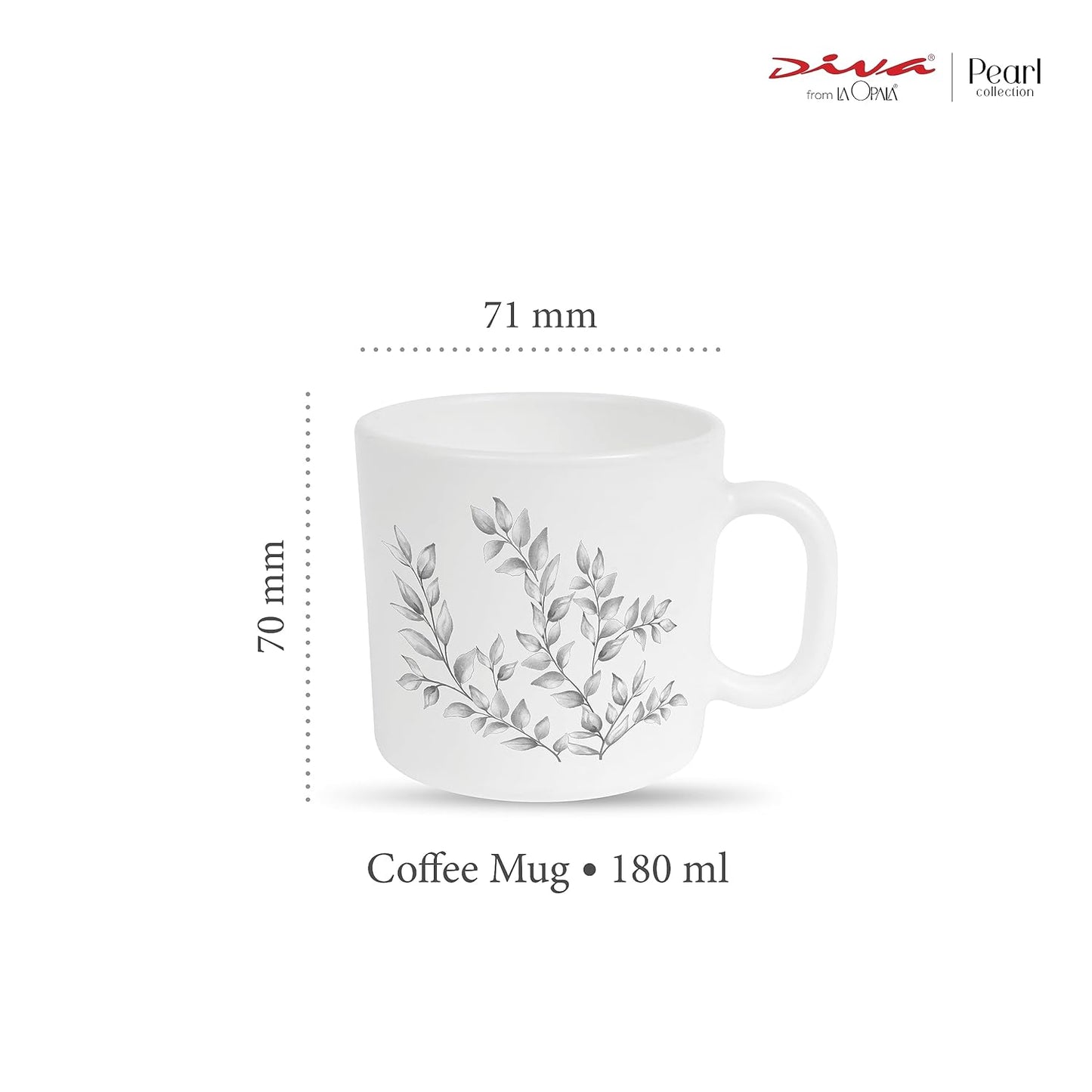 La Opala Diva, Pearl Collection Opal Glass Crockery | Coffee Mug Regular, Set of 6 | Dusky Vines, 190 ml | for Tea & Coffee | Microwave Safe | 100% Vegetarian | Extra Strong | Super Light & White