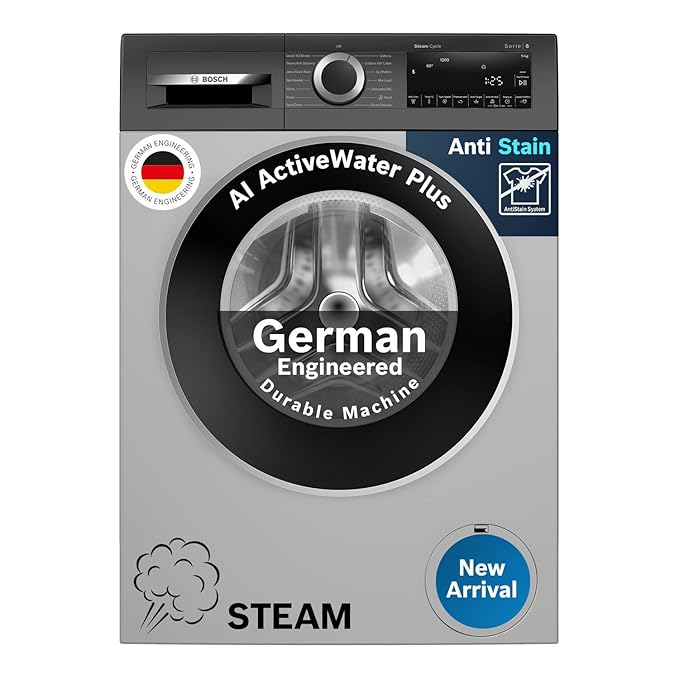 Bosch 9kg 5 Star Anti Stain & AI Active Water Plus Fully Automatic Front Load Washing Machine with Built in Heater (WGA1420TIN, Pretreatment & Steam with Anti Bacteria and 5 Star Inverter, Black Grey)