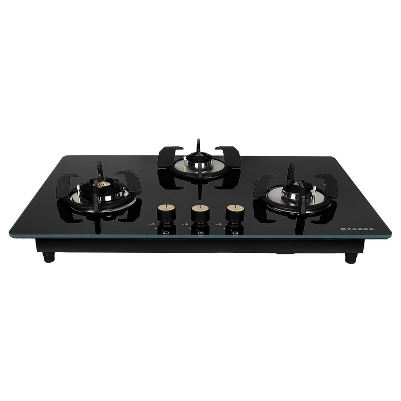 Faber Hob/Hobtop 3 Brass Burner Auto Electric Ignition Glass Top (Maxus HT783 CRS BR CI AI) Black