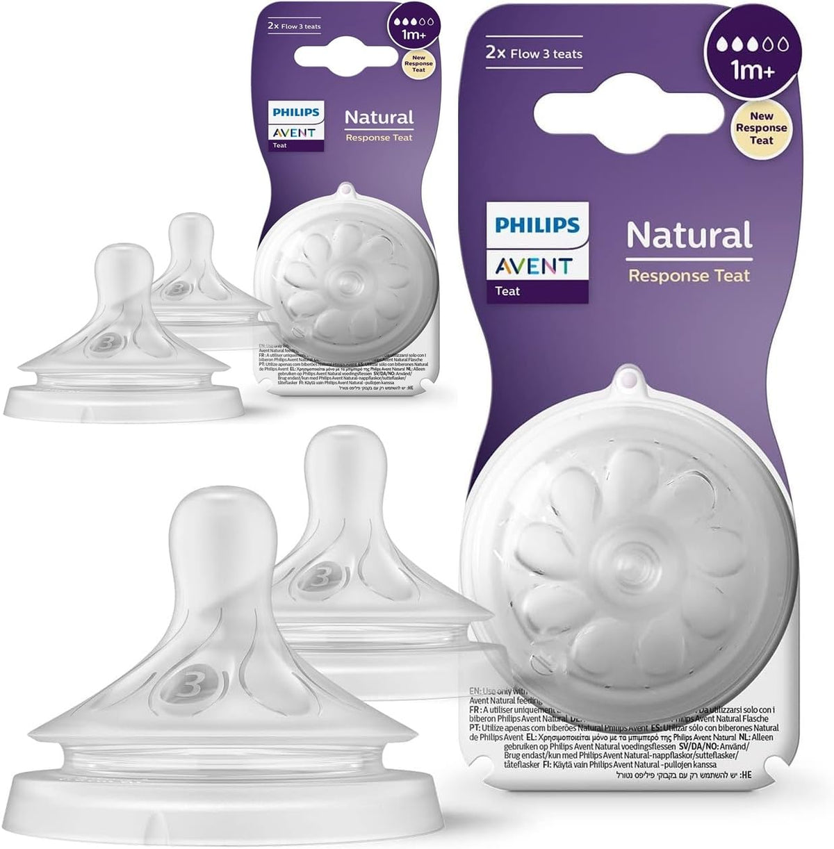 Philips Avent Natural Response Bottle Teat - 4 x Baby Bottle Flow 3 Teats for Babies Aged 1+ Months (SCY963/04)
