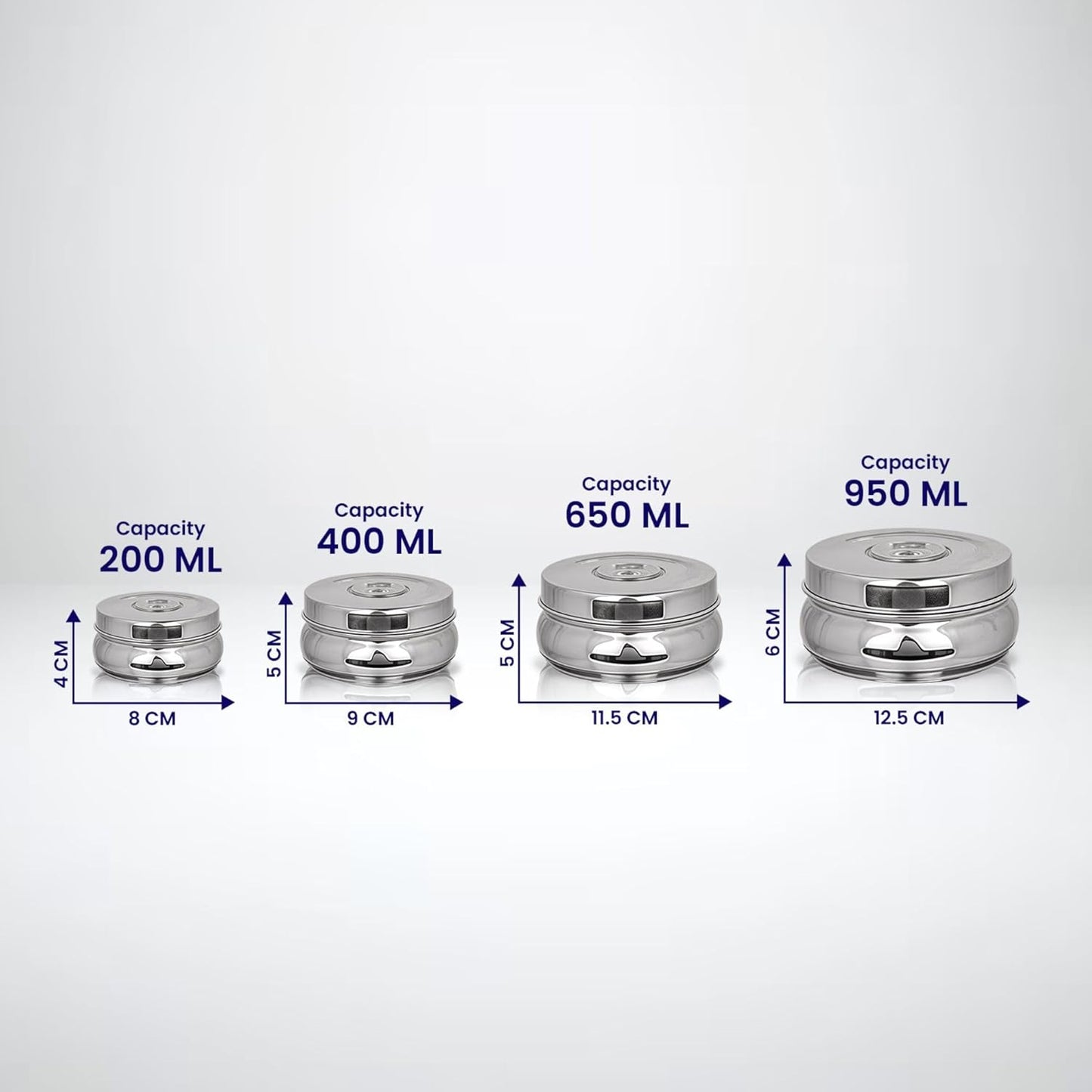 Greensify Stainless Steel Container Set– 4Piece Kitchen Dabba Set with Lids (200ml,450ml,650ml, 950ml)Flat Base Poori Dabba Set for Storage|Food Grade Steel Boxes for Kitchen,DryFruits & Everyday Use