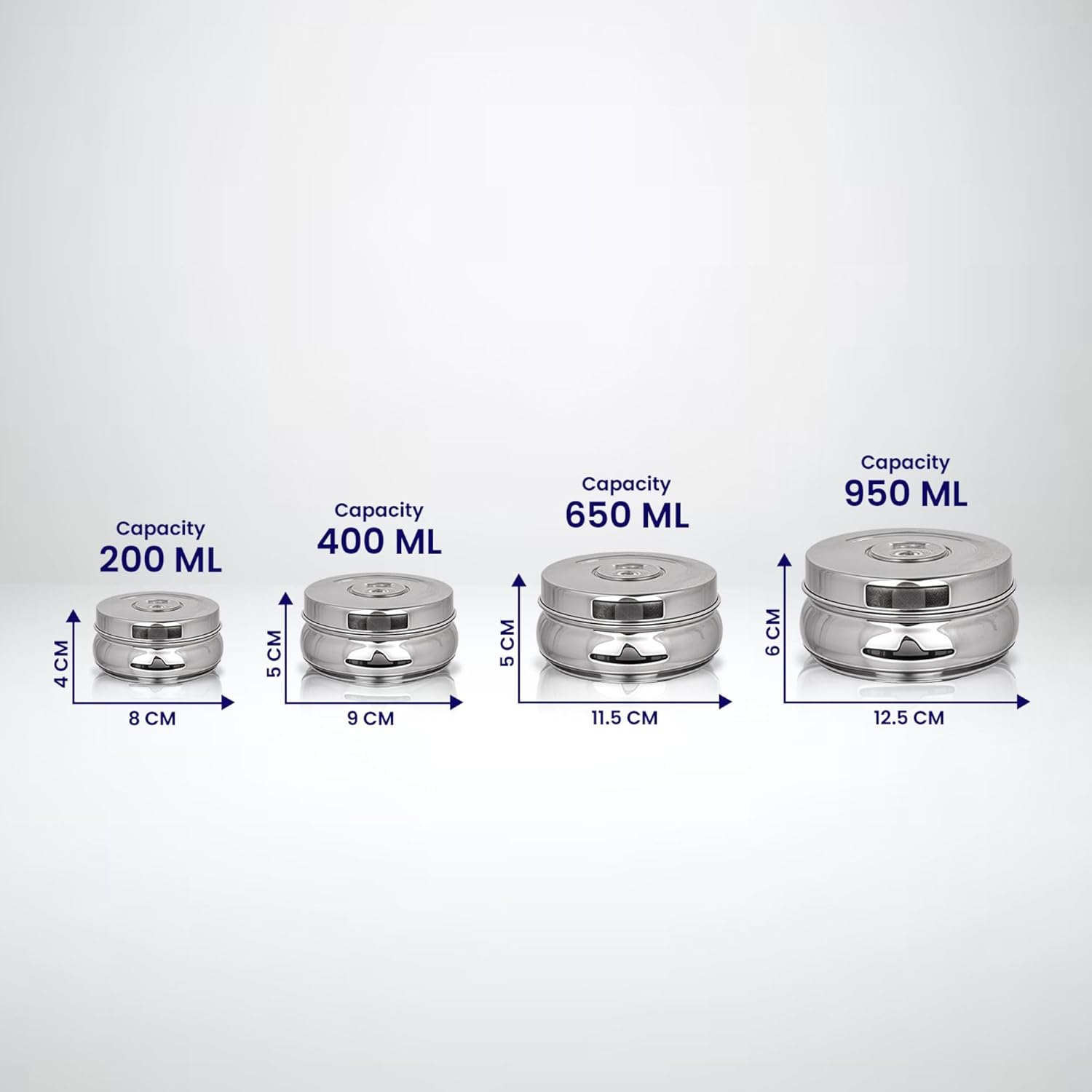 Greensify Stainless Steel Container Set– 4Piece Kitchen Dabba Set with Lids (200ml,450ml,650ml, 950ml)Flat Base Poori Dabba Set for Storage|Food Grade Steel Boxes for Kitchen,DryFruits & Everyday Use