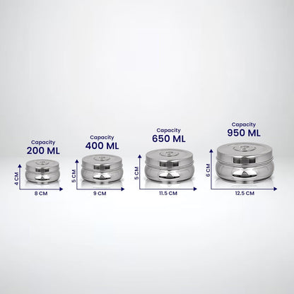 Greensify Stainless Steel Container Set– 4Piece Kitchen Dabba Set with Lids (200ml,450ml,650ml, 950ml)Flat Base Poori Dabba Set for Storage|Food Grade Steel Boxes for Kitchen,DryFruits & Everyday Use