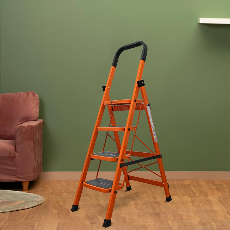 BonKaso Climb Steady Premium Alloy Steel Heavy Duty Multipurpose Foldable 7 Step Ladder with Connecting Frame & Belt Support, Load Capacity Upto 120kg | for Home and Outdoor - (Orange)