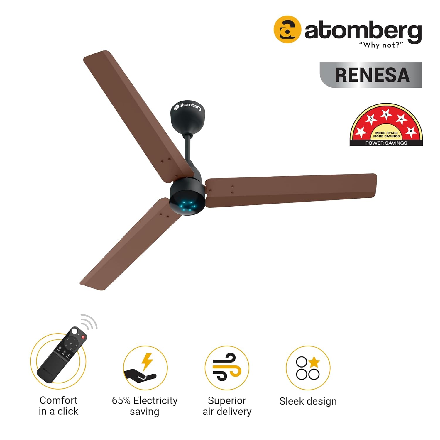 atomberg Renesa 1200mm BLDC Ceiling Fan with Remote Control | BEE 5 star Rated Energy Efficient Ceiling Fan | High Air Delivery with LED Indicators | 3 Year Warranty (Brown & Black)