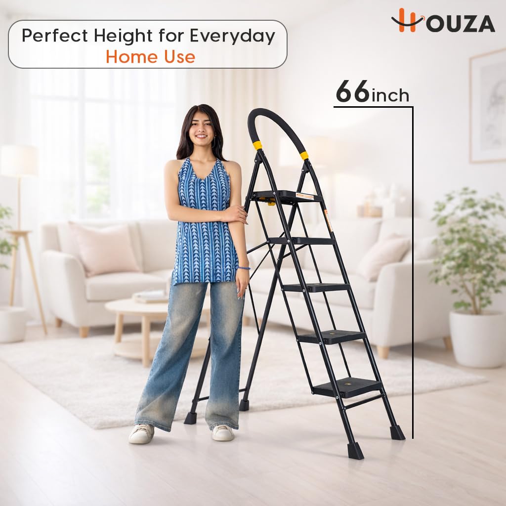 HOUZA Steel Ladder for Home 5 Steps Foldable with Anti-Skid Wide Steps (30cm x 20cm) | 5 Step Ladder for Home Use with Secure Lock | 150 Kg Load Capacity Folding Ladder | 5 Year Warranty (Black)