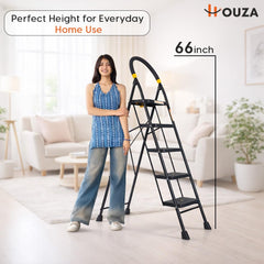 HOUZA Steel Ladder for Home 5 Steps Foldable with Anti-Skid Wide Steps (30cm x 20cm) | 5 Step Ladder for Home Use with Secure Lock | 150 Kg Load Capacity Folding Ladder | 5 Year Warranty (Black)