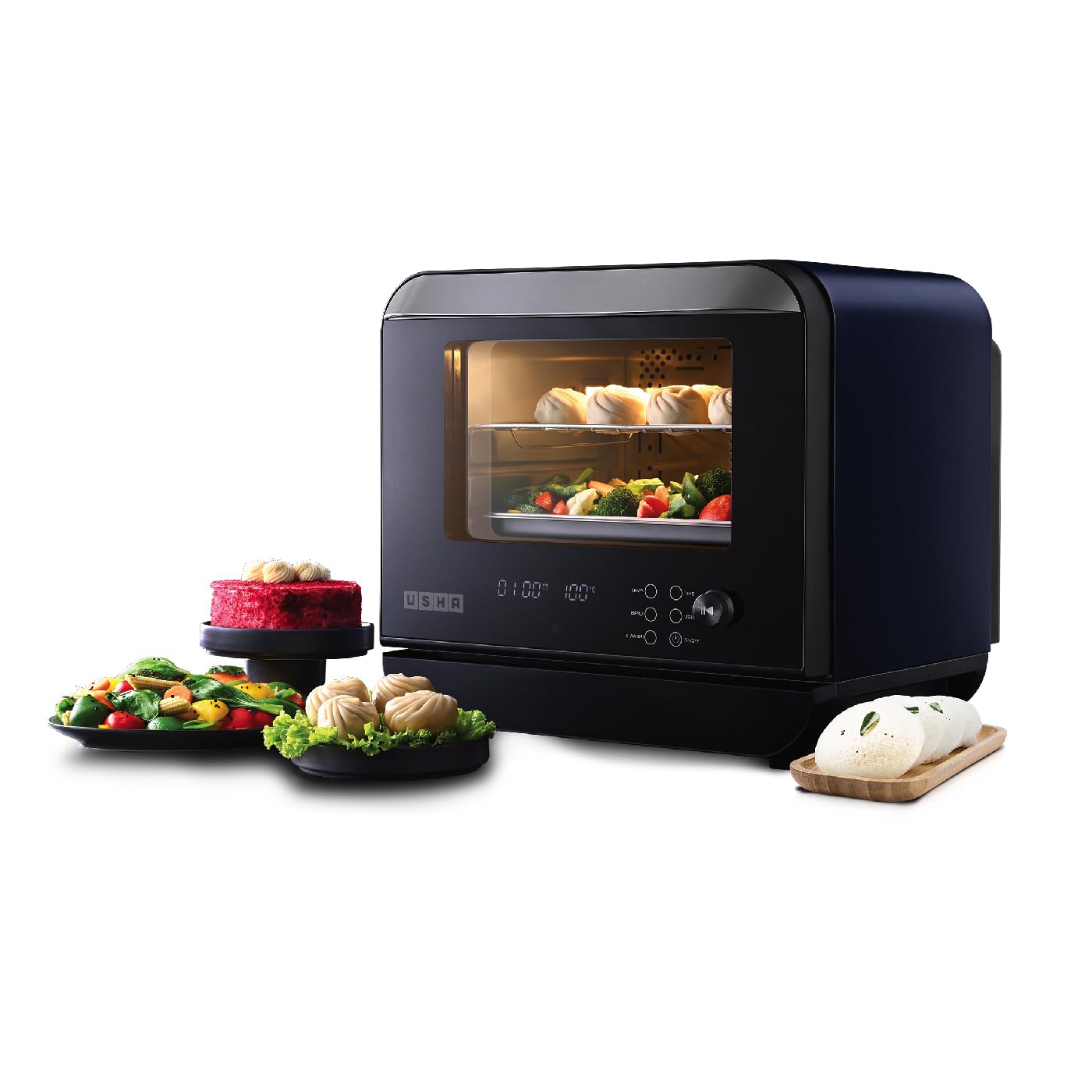 Usha iChef Steam Oven | Air Fryer | Steamer | 39 Pre-set Menus | 11 in-1 Functions | 3 Level cooking | Turbo Air Circulation|1000 W Heating element and 800 W 3D Steam & 18L(Blue)|100% Copper Motor|