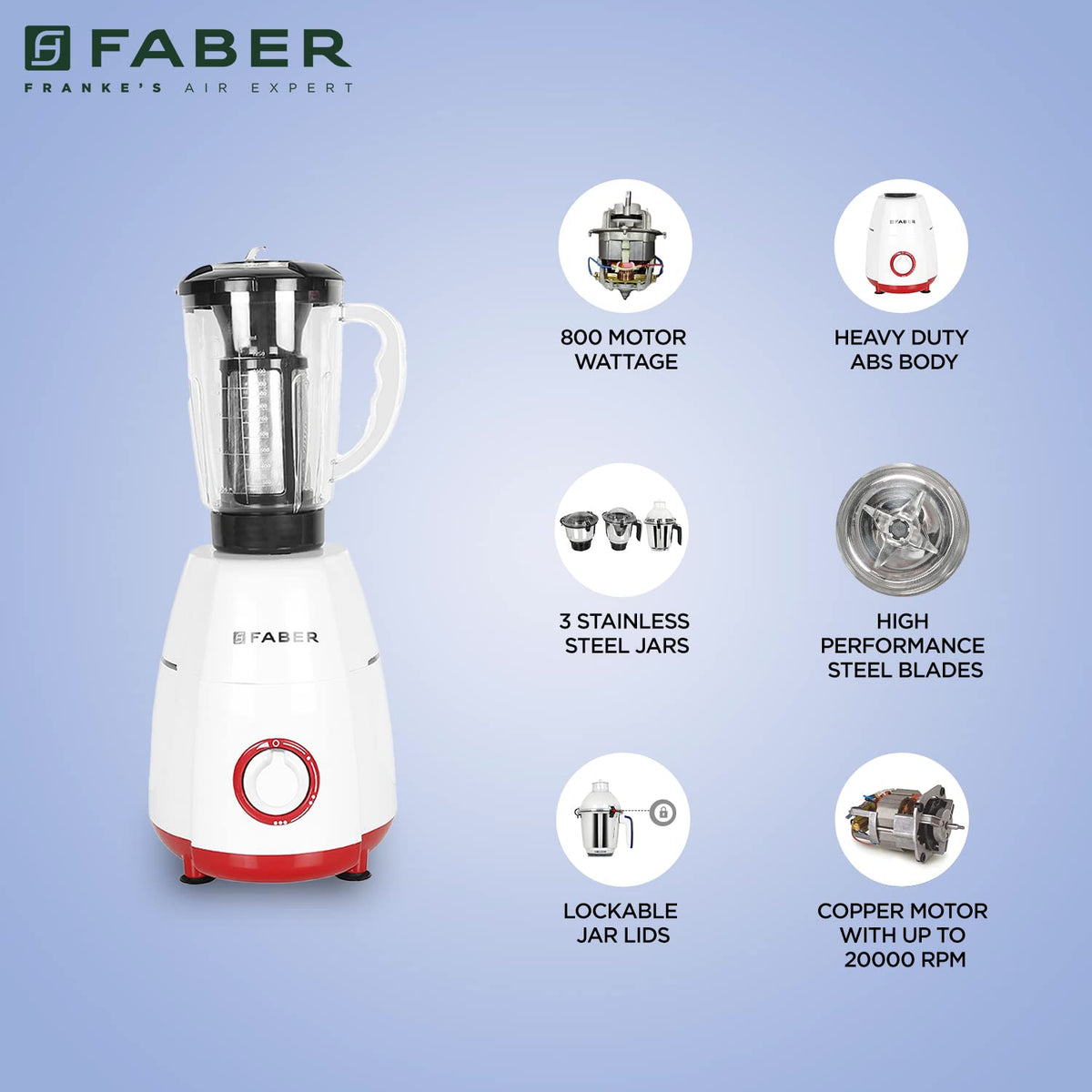 Faber Crown 800W Blender Mixer Grinder, 3 SS clip lock jars + 1 PC jar || low-noise copper motor, up to 20000 rpm speed 