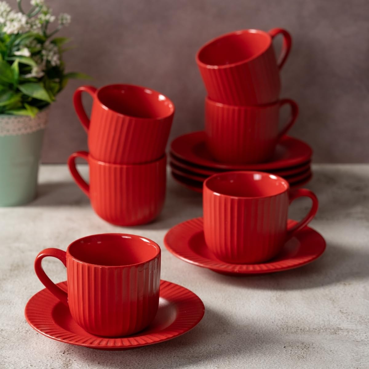 Clay Craft Fine Ceramic Linea Mustard Cups & Saucer, Set of 12, Cups for Tea & Coffee, Gift Set, Elegant Design for Home and Kitchen and Can Be Gifted to Your Loved Ones On Any Occassions