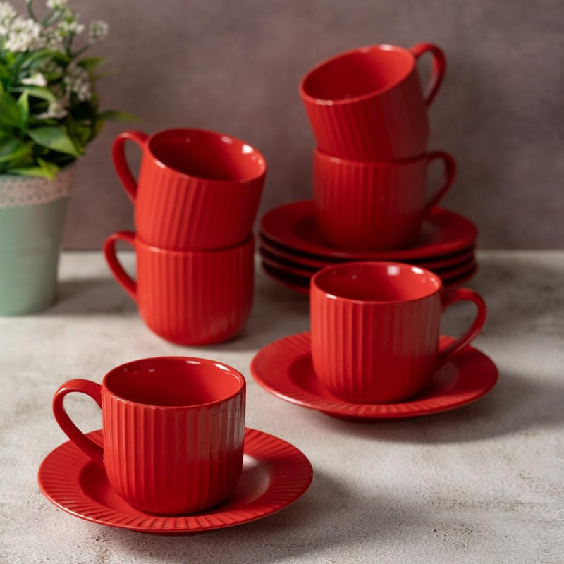 Clay Craft Fine Ceramic Linea Red Cups & Saucer, Set of 12, Cups for Tea & Coffee, Gift Set, Elegant Design for Home and Kitchen and Can Be Gifted to Your Loved Ones On Any Occassions