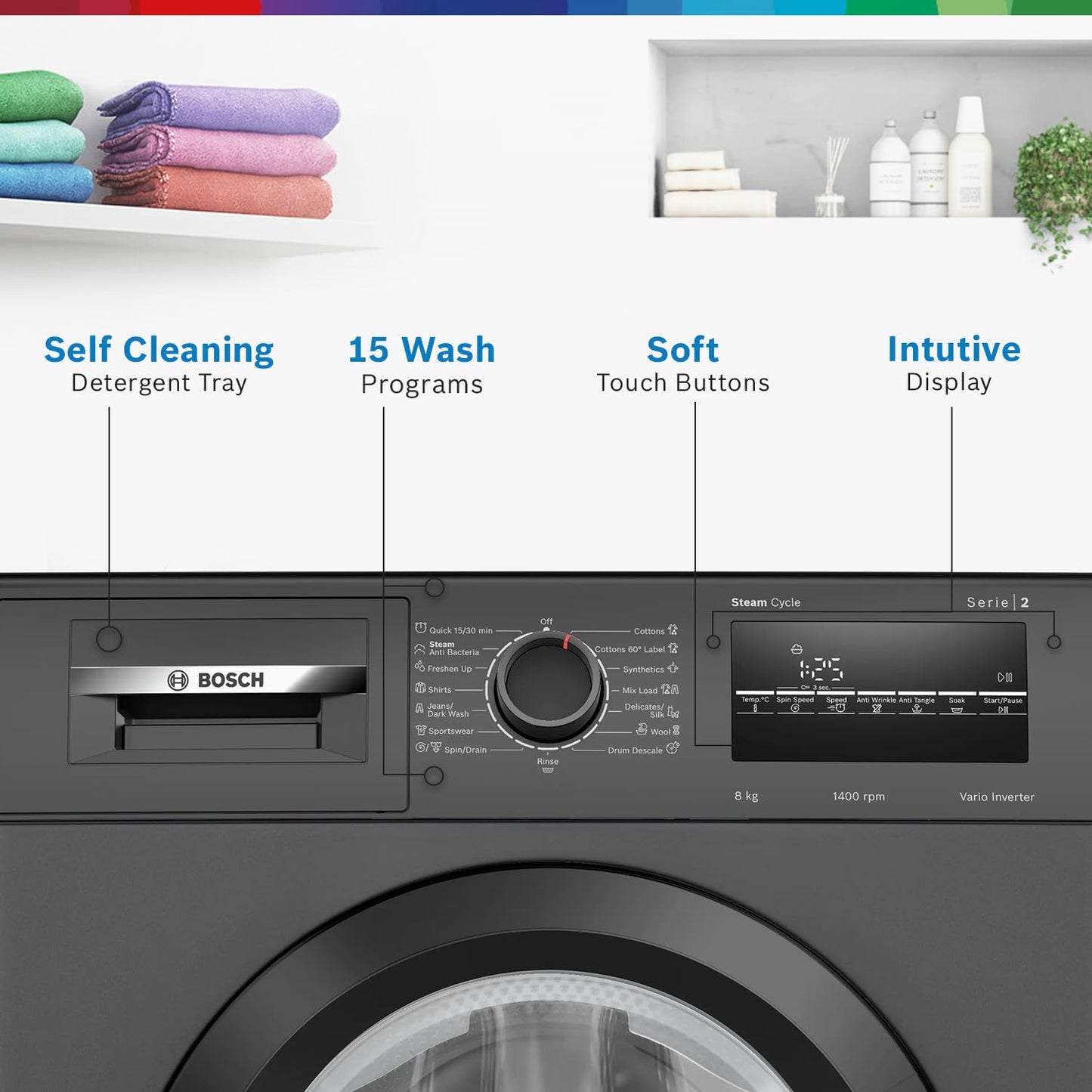 Bosch 8 kg 5 Star Fully-Automatic Front Loading Washing Machine (WAJ2826CIN, Black Grey, AI active water plus, In-Built Heater)