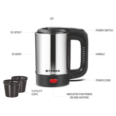 Faber Electric Water Kettle | 0.5L | 550W | Free 2 Cups | 3X Protection - Auto Off, Dry Boil, Overheating | SS Body | 36