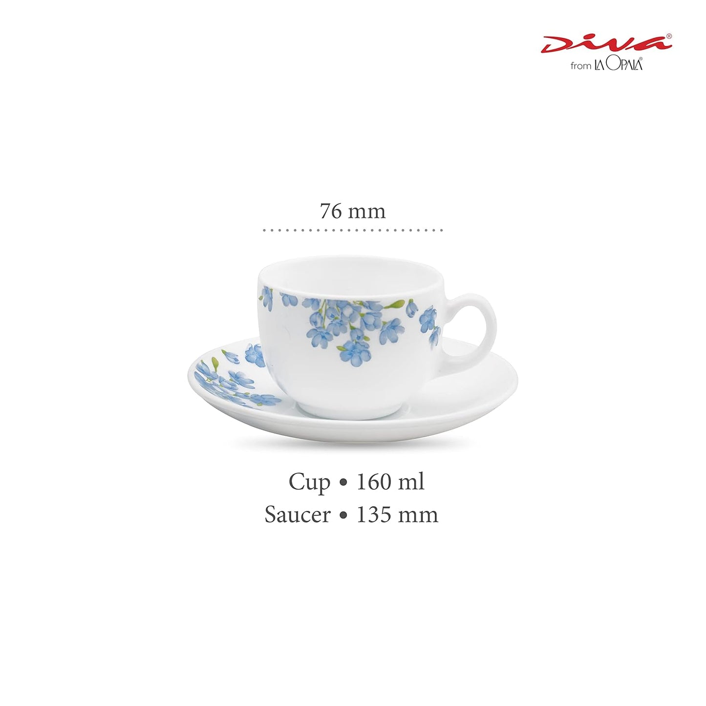 La Opala Diva, Opal Glass Crockery | Cup & Saucer Iris Regular, Set of 12 | Aster Blue, 160 ml | for Tea & Coffee | Microwave Safe | 100% Vegetarian | Extra Strong | Super Light | Super White