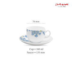 La Opala Diva, Opal Glass Crockery | Cup & Saucer Iris Regular, Set of 12 | Aster Blue, 160 ml | for Tea & Coffee | Microwave Safe | 100% Vegetarian | Extra Strong | Super Light | Super White