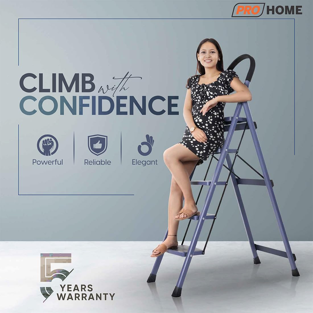 PROHOME Steel Ladder for Home 5 Steps Foldable with Anti-Skid Wide Steps (30cm x 20cm) | 5 Step Ladder for Home Use with D-Shape Rods | Secure Lock | 170 Kg Capacity Folding Ladder | 5 Year Warranty