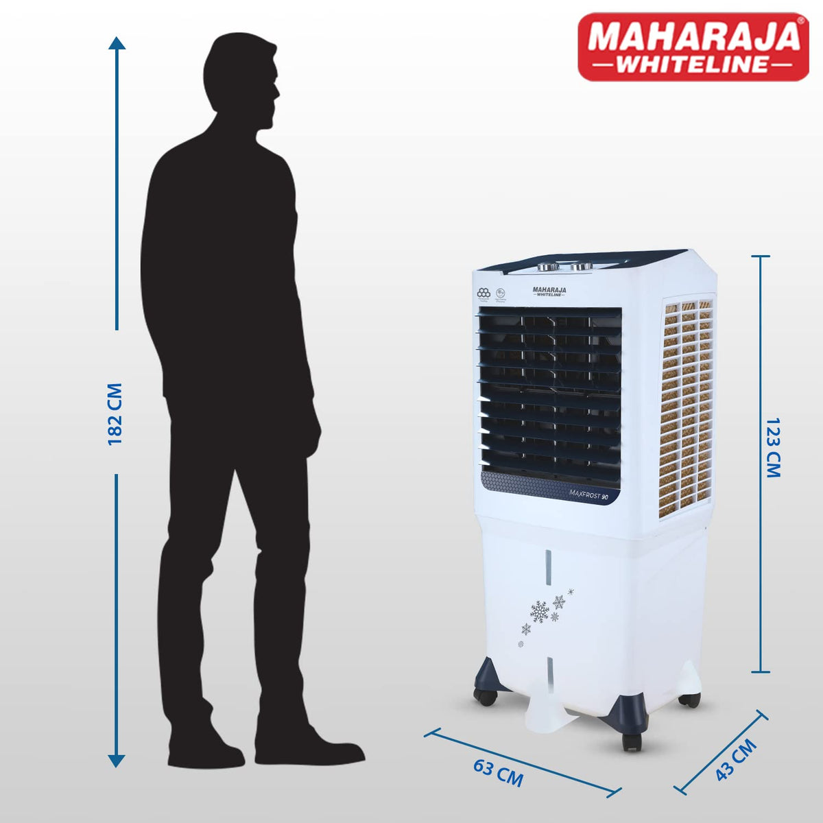 Maharaja Whiteline MAXFROST 90 Desert Air Cooler with 90 ltr Large Tank Capacity, 200W (White & Navy Blue)