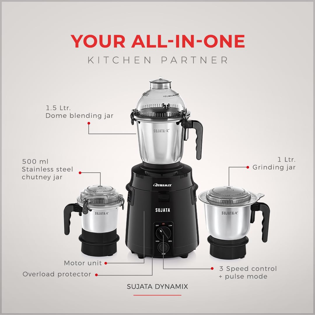 Sujata Dynamix Mixer Grinder|900 Watts Double Ball Bearing Motor|22000 RPM|Non-Stop 90 Mins Running|3 Food Grade Steel Jars - 1500ml Multipurpose, 1000ml Grinder, 500ml Chutney Jar|Black