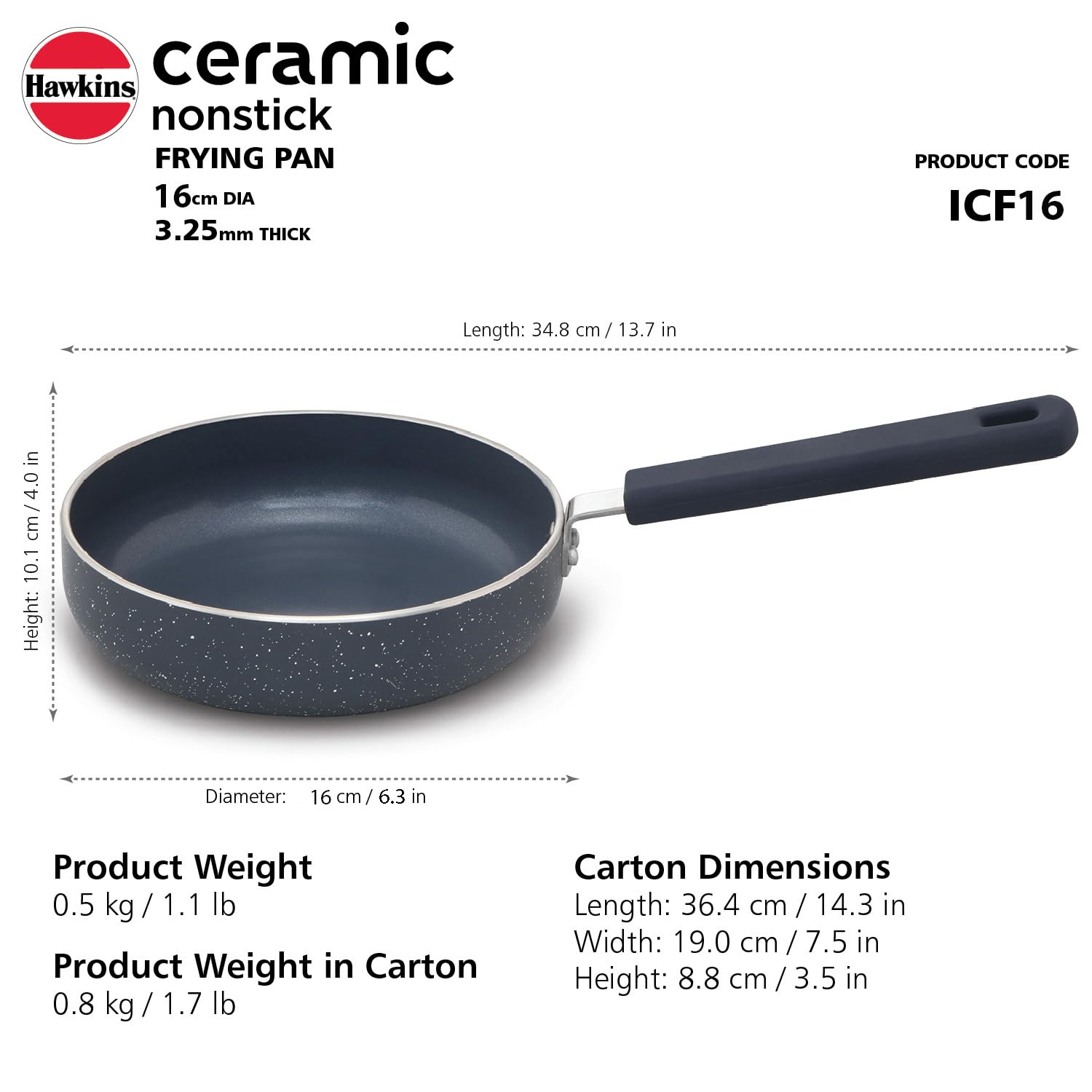 Hawkins Ceramic Nonstick Induction Frying Pan, 16 cm Diameter, Granite Omlette Egg/Fish Fry Pan, Blue (ICF16)
