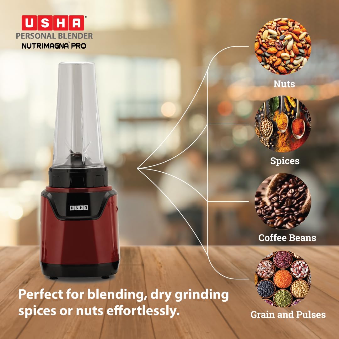 USHA Blender Nutrimagna Pro | 600W |On the Go Blender| Stainless steel blades| Spill proof spout and store lid | 2 blade assembly | Maroon