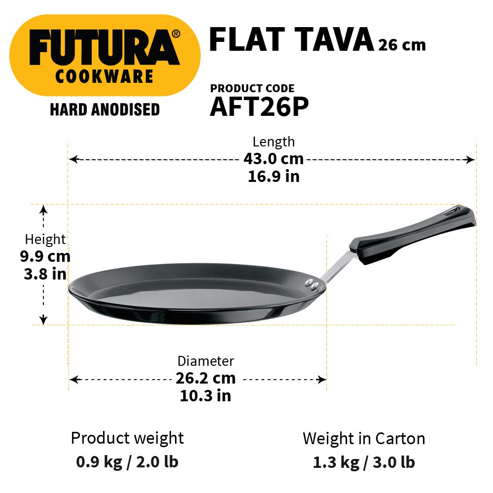 Hawkins Futura Hard Anodised Flat Tava 26 cm, 4.88 mm with Plastic Handle