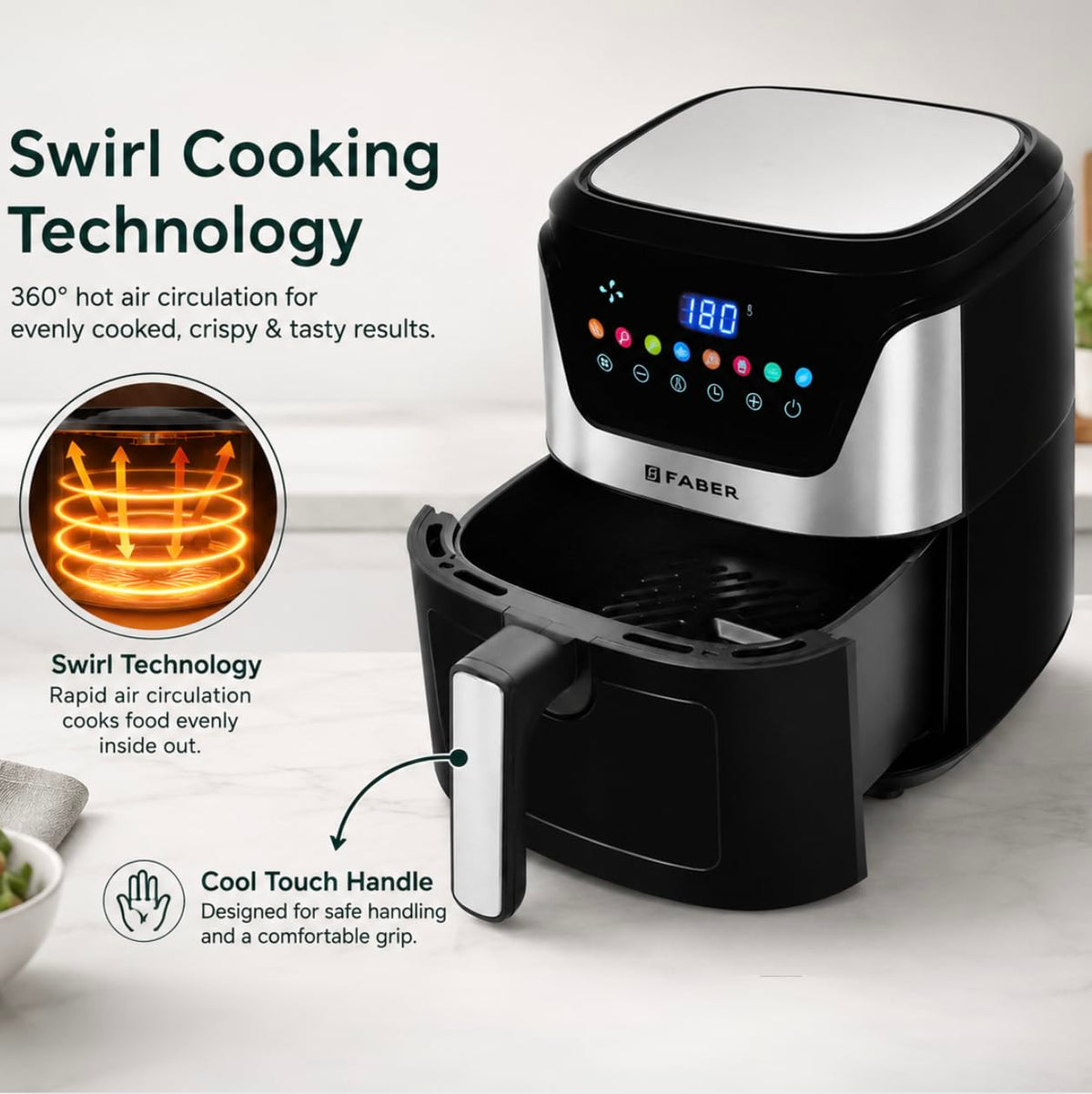 Faber 6L 1500W Digital Air Fryer | Fry, Bake, Roast, Toast, Defrost, Grill & Reheat | 85% Less Oil, 360° Air Cooking|8-P