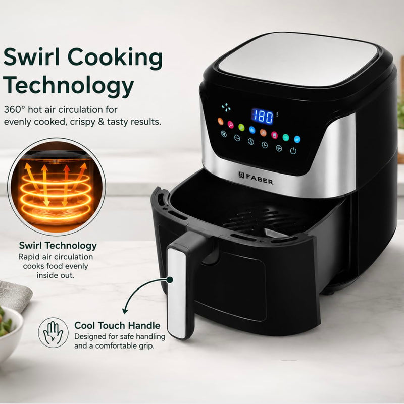 Faber 6L 1500W Digital Air Fryer | Fry, Bake, Roast, Toast, Defrost, Grill & Reheat | 85% Less Oil, 360° Air Cooking|8-P