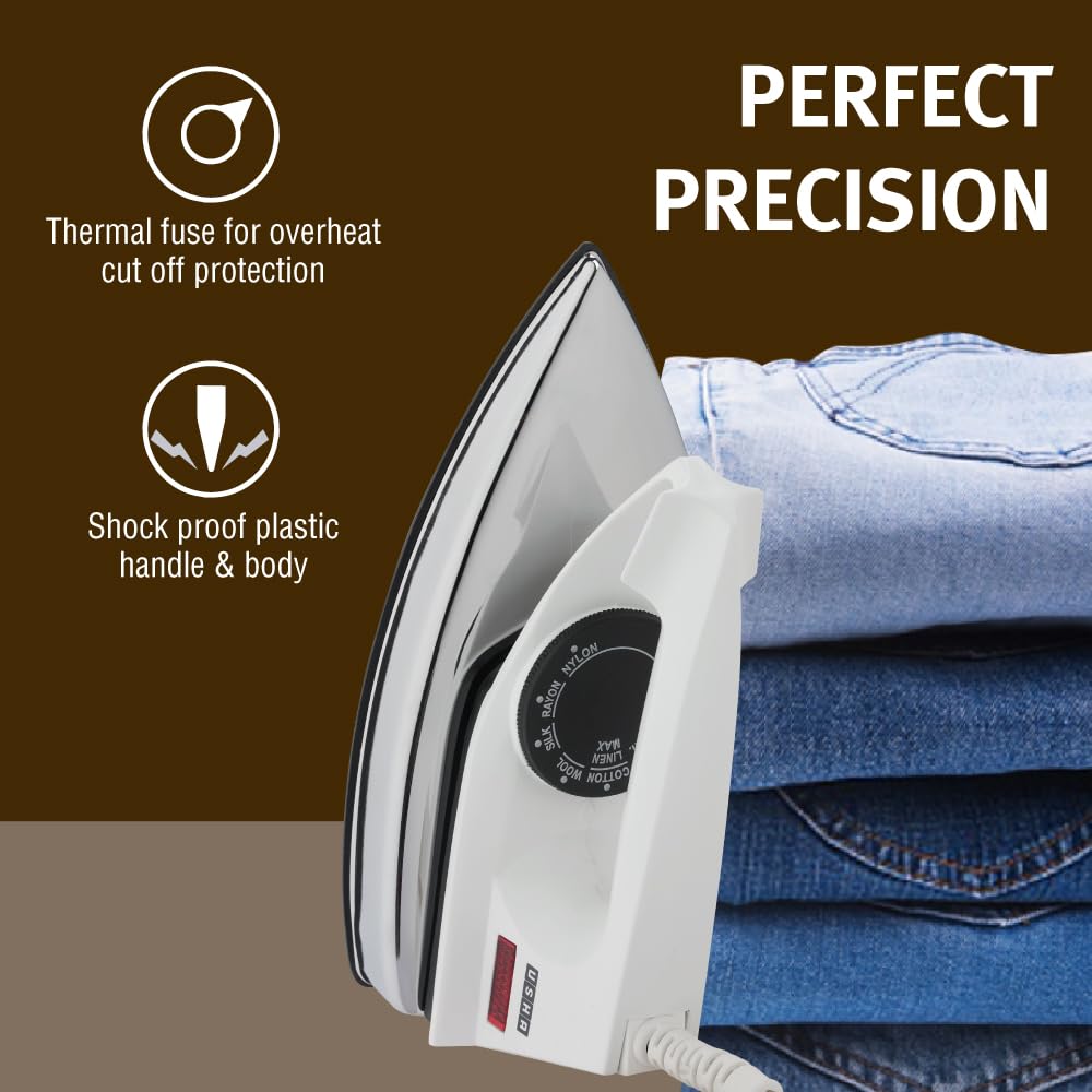 Usha 2802 1000Watt Dry Iron with Metal Body | Single Coat Black Non Stick Soleplate for longer durability | Thermal Safety Fuse | 180° Swivel Cord | 2 Years Warranty | (White)