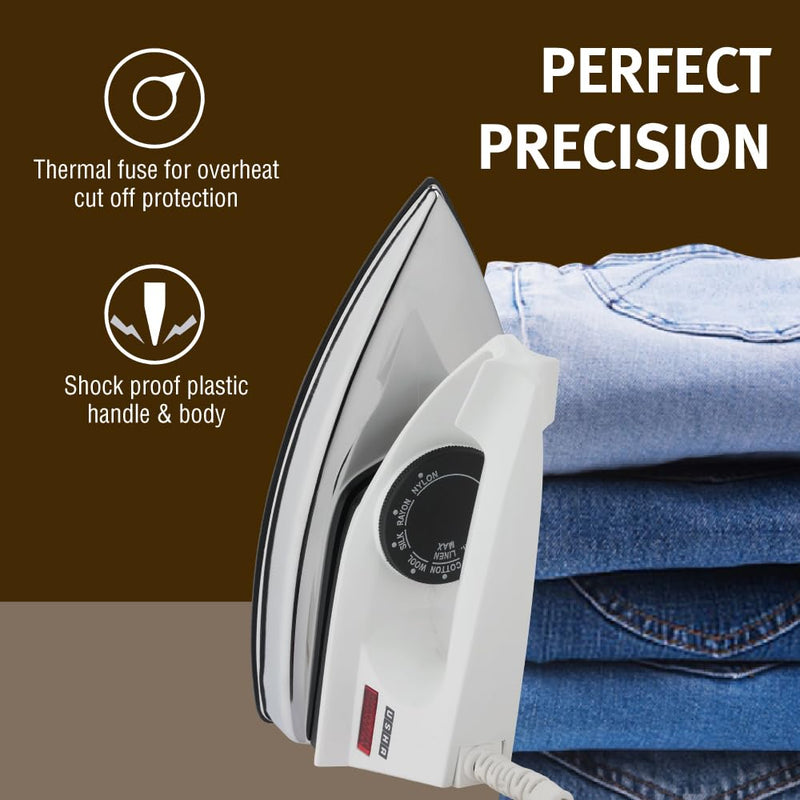 Usha 2802 1000Watt Dry Iron with Metal Body | Single Coat Black Non Stick Soleplate for longer durability | Thermal Safety Fuse | 180° Swivel Cord | 2 Years Warranty | (White)