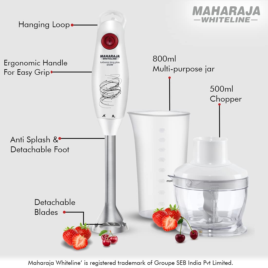 Maharaja Whiteline Turbomix King Plus Hand Blender, 250W, Duraforce advanced blade technology, 800ml multi-purpose jar, 500ml Chopper… (250)