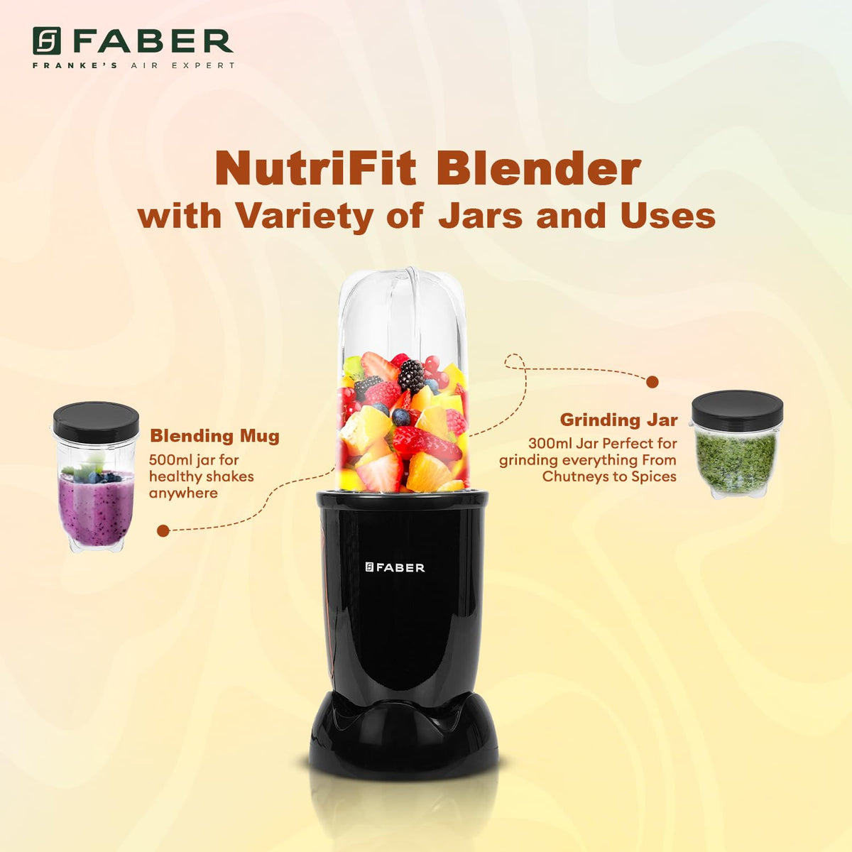 Faber Sportz 2-in-1 Nutrifit Nero Blender Mixer Grinder - 400W, 100% Copper Motor, Detachable SS Blade, 500ML & 300ML Ja
