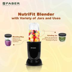 Faber Sportz 2-in-1 Nutrifit Nero Blender Mixer Grinder - 400W, 100% Copper Motor, Detachable SS Blade, 500ML & 300ML Ja