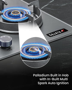 Sujata 3 Burner Gas Stove Glass Top | 5 Years Warranty | Auto Ignition Gas Stove 3 Burner, CookTop cum Hob Top 3 Burners, LPG & PNG Compatible, Brass Burner (Palladium FFD Auto Ignition - Black)