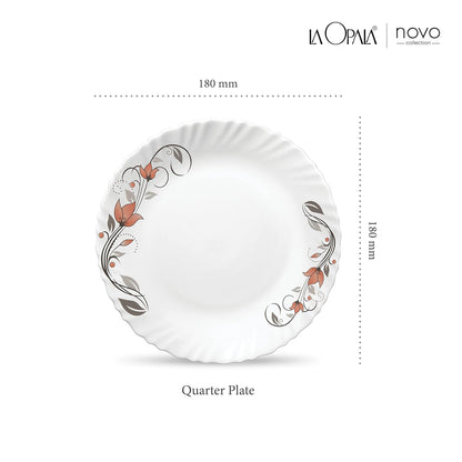 La Opala Novo Collection Opal Glass Crockery | Quarter Plate Set of 6 | Scarlet Blooms Design | Plates for Snacking & Gifting | Microwave Safe | 100% Vegetarian | Extra Strong | Super Light & White