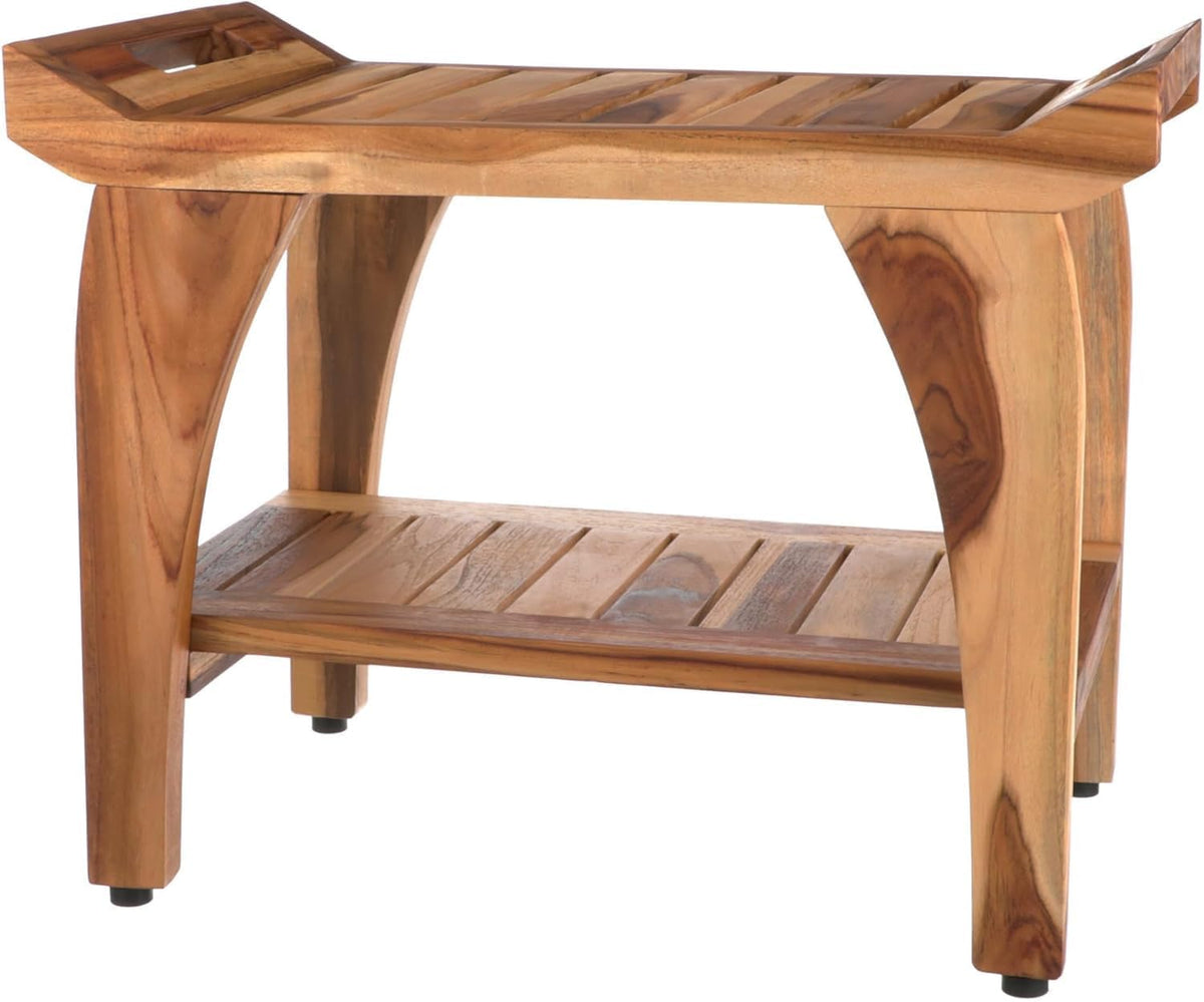 Teak Wood Shower Bench - Waterproof, Durable, Compact Spa Stool for Indoor & Outdoor Use - Non-Slip Rubber Feet