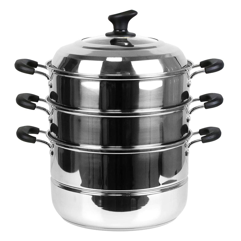 Non Electric Momo Steamer Stainless Steel Cookware 3 Tier with Lid Induction Base/Gas Burner Momo maker, Pasta Steamer, Vegetable Steamer, Momo Steamers, Rice Steamer 34 cm (34 cm)