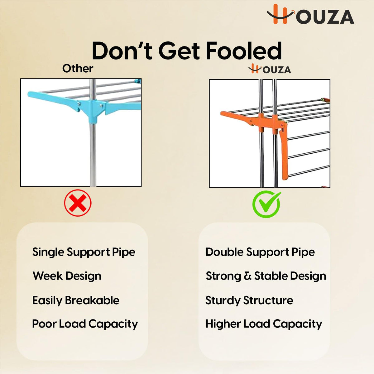 HOUZA Stainless Steel Clothes Drying Stand | 3 Layer Foldable Cloth Dryer Stand with Wheels | 6 Foldable Wings - Orange