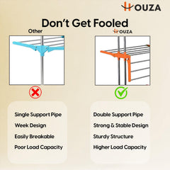 HOUZA Stainless Steel Clothes Drying Stand | 3 Layer Foldable Cloth Dryer Stand with Wheels | 6 Foldable Wings - Orange