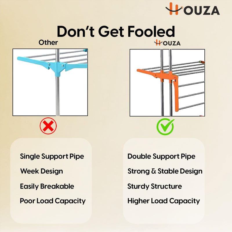 HOUZA Stainless Steel Clothes Drying Stand | 3 Layer Foldable Cloth Dryer Stand with Wheels | 6 Foldable Wings - Orange