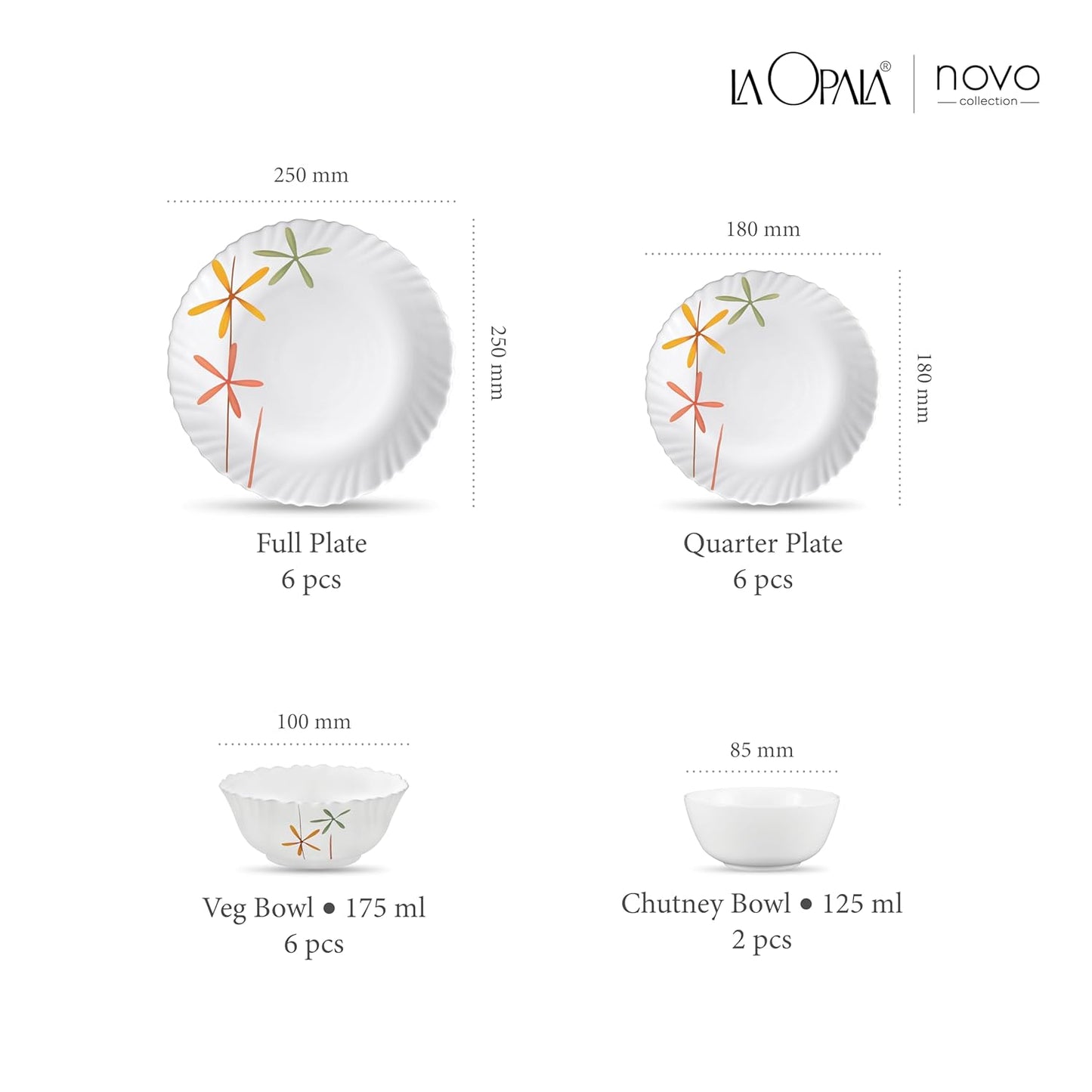 La Opala Novo Collection Opal Glass Crockery | for Family of 6 | Dinner Set 20 pcs Autumn Flower | Plates & Bowls for Dining | Microwave Safe | 100% Vegetarian | Extra Strong | Light & White