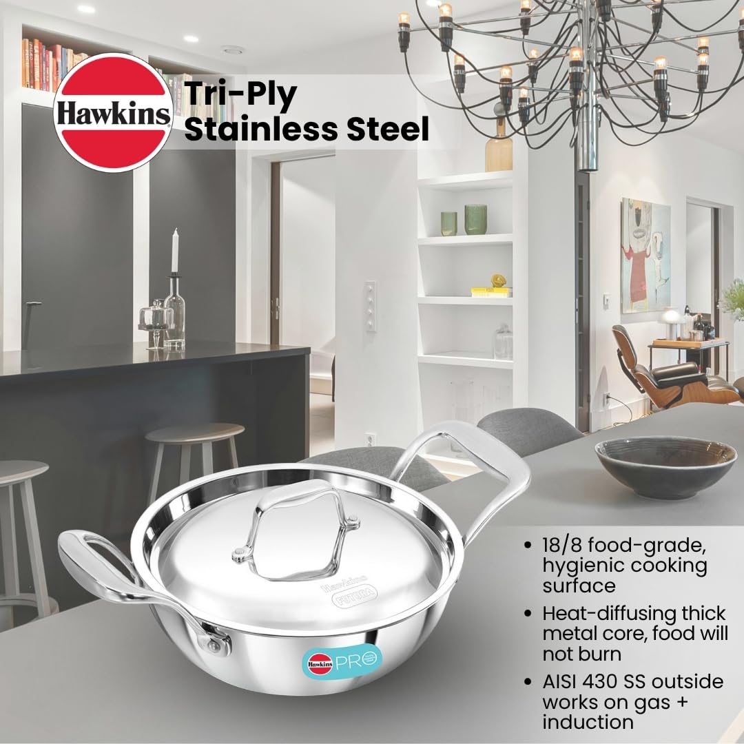 Hawkins Pro 1.5 Litre Deep-Fry Pan, Triply Stainless Steel Kadhai with Steel Handles and Steel Lid, Small Kadhai, Silver (PSK15S)