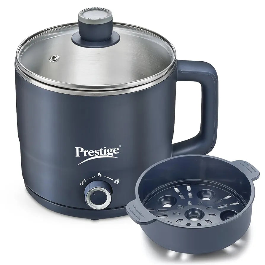 Prestige Multi-Cooker 1.5 Litre with Steamer and Egg Rack | Precise Temperature Control| Elegant Glass Lid| Concealed Element| 360 Degree Swivel| Cool Touch Handle| PMC 4.0