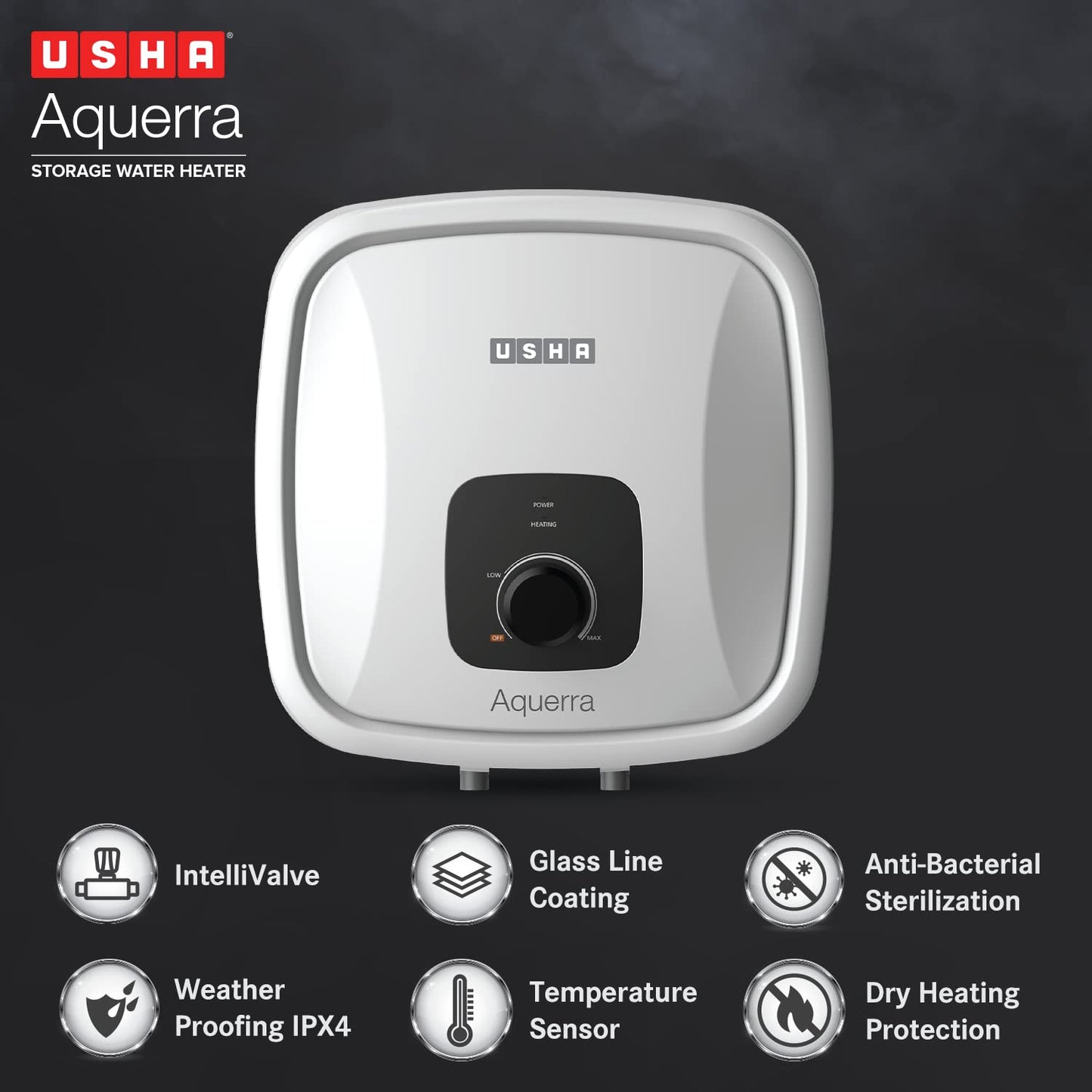 Usha Aquerra 25 Litre 5 Star Storage Water Heater (White), Wall Mounting