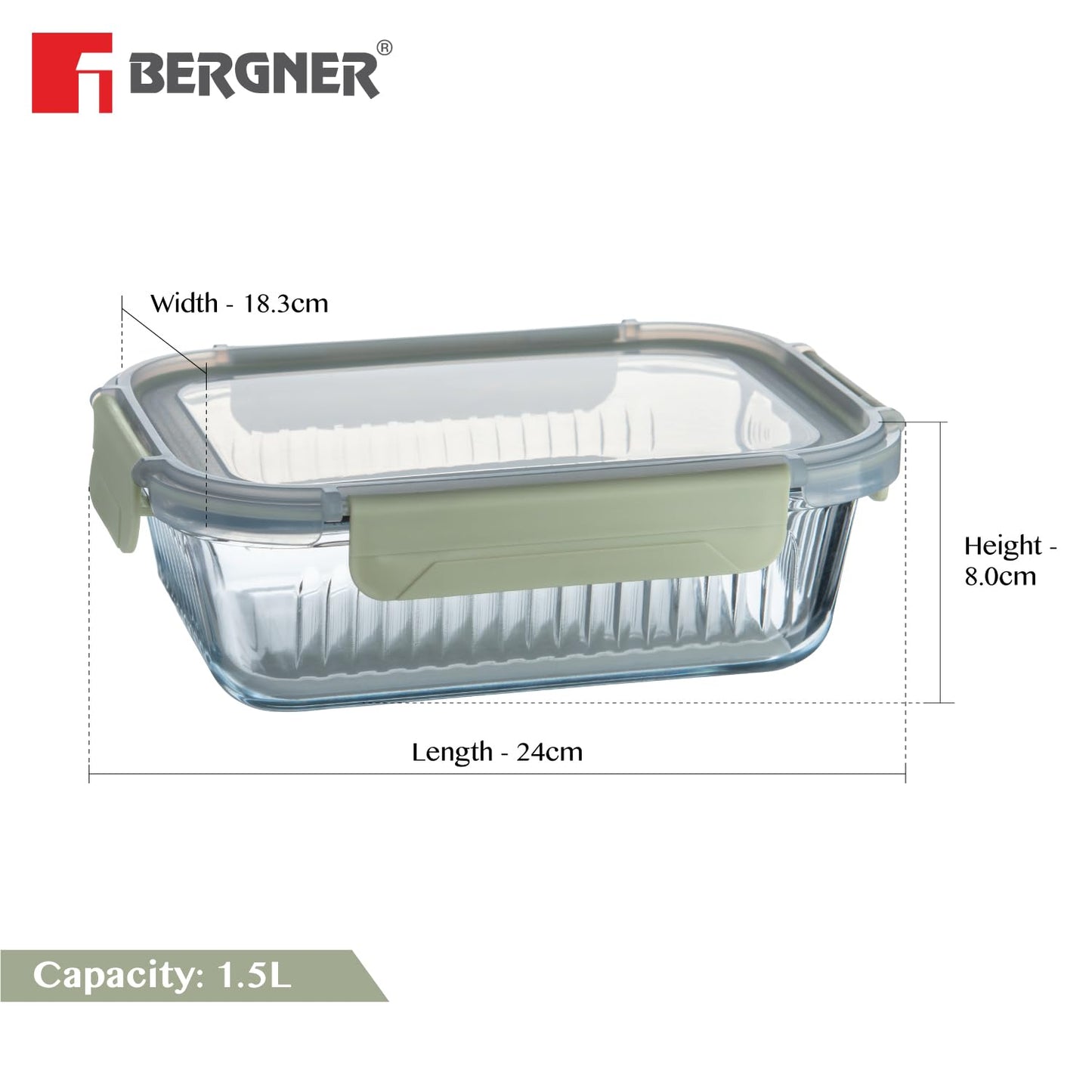 Bergner Smart Lock Borosilicate Rectangular 1.5 L Food Container for Kitchen/Tiffin, Air-Tight Lid with Locking Tabs, Space Saving, Stackable, Microwave & Oven Safe, Food Safe, Dishwasher Safe - Green