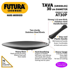 Hawkins Futura 30 cm Tava, Hard Anodised Tawa with Plastic Handle, Black (AT30P)