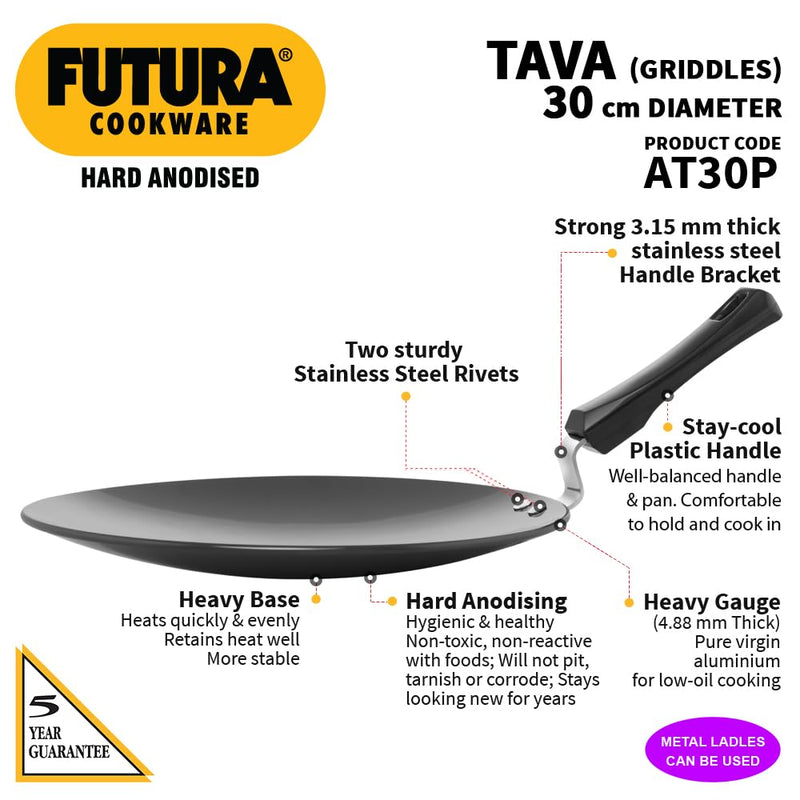 Hawkins Futura 30 cm Tava, Hard Anodised Tawa with Plastic Handle, Black (AT30P)