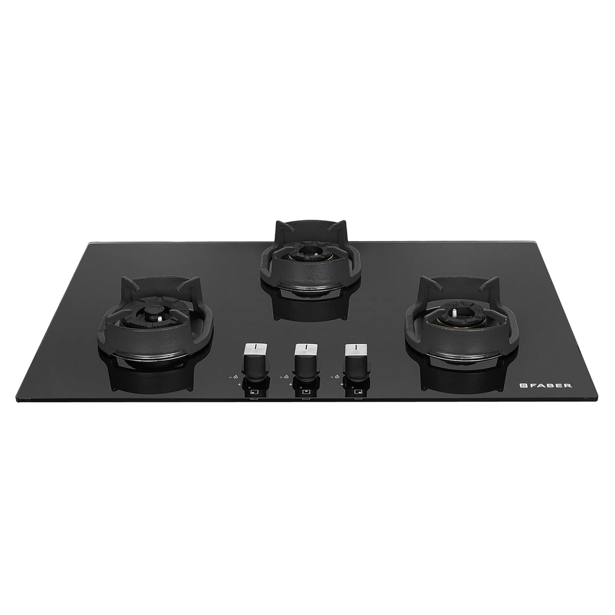 Faber 3 Burner 78cm Eros Hob |Auto-Ignition|Metal Knobs| Cast Iron Pan Support |Hob/Cooktop Hybrid| Black Glass Finish |