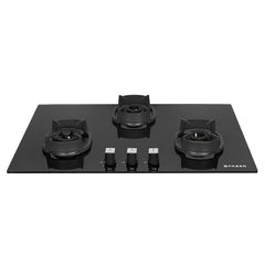 Faber 3 Burner 78cm Eros Hob |Auto-Ignition|Metal Knobs| Cast Iron Pan Support |Hob/Cooktop Hybrid| Black Glass Finish |