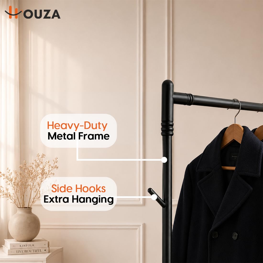 HOUZA Heavy-Duty Garment Stand Cloth Rack with Bottom Storage Shelf & 4 Side Hooks | Freestanding Clothes Hanging Stand, Rack for Clothes Storage & Cloth Rack for Bedroom & Entryway (Black)