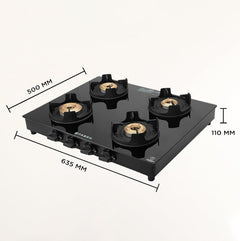Faber 4 Burner Auto-Ignition Cooktop| ONYX AI 4BB BK |Black ABS Knobs| Brass Burners| Cast Iron Pan Support| Black Glass
